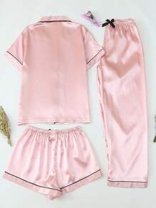 3 件套缎面腮红纽扣前短袖上衣和短/长裤睡衣家居服套装女士春夏家居服 - 粉色 - 查看 2