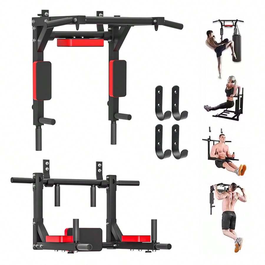 Home Gym 8 Ejercicios En 1 Soporta 400kg Barra de Dominadas Gimnasio en Casa Fortalece Espalda Brazos y Mas para Pared y Piso, Uso Rudo Fácil Instalación - Rojo - Ver 1