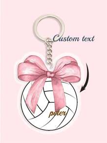 1pc Customized Cute Bow Sports Keychain (Football/Basketball/Volleyball), Upload Your Name, Personalized Keychain Gift For Her/Him, UV Printing Craft