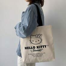 Sanrio 1 pieza/1 pieza/Bolso grande con capacidad de lona con diseño de gatito de dibujos animados, bolso de hombro versátil para ir a la escuela o la oficina