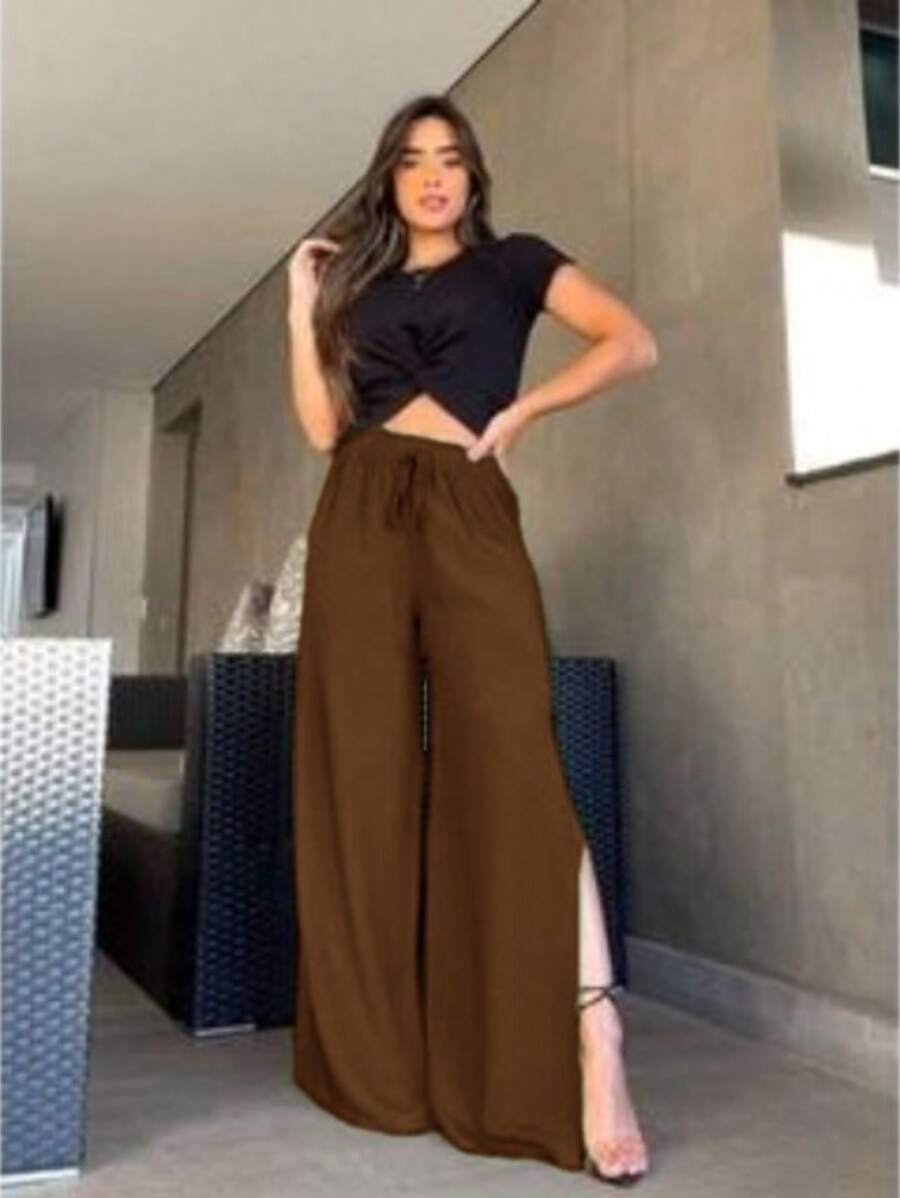 Women's Viscose Wide Leg Pants With Side Opening And Lining - Rỉ Nâu - Xem 1
