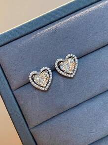 1 对 S925 纯银时尚心形合成锆石耳钉，优雅优质女士珠宝 - 銀色 - 查看 2