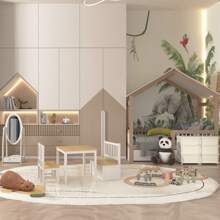 HOMCOM 4-Piece Kids Table And Chair Set With 2 Wooden Chairs, 1 Storage Bench, And Interesting Modern Design - Beige - View 8