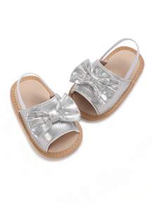 0-1 岁可爱女婴软橡胶底防滑幼儿凉鞋透气夏季沙滩鞋 - 銀色 - 查看 3