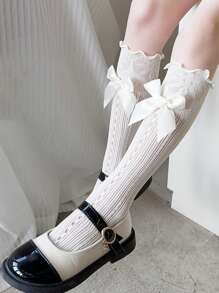 3 Pairs Girls Princess Lace Ruffle Knee High Socks With Bow, Children Mid-Calf Socks, Size 3-12Y