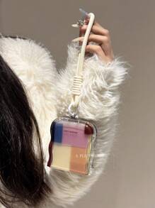 Retro Colorful Checkered Pattern Phone Case, Compatible With Samsung Galaxy Z Flip 6, Z Flip 5, Z Flip 4, Z Flip 3, With Wrist Strap, Lanyard And Wavy Textured Back Cover - Color Block Short Rope - View 3