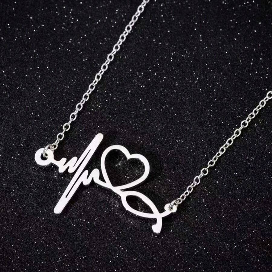 1pc Stainless Steel Stethoscope Pendant Necklace For Doctors And Nurses, Electrocardiogram Heart Design Collarbone Chain For Daily Wear Valentines