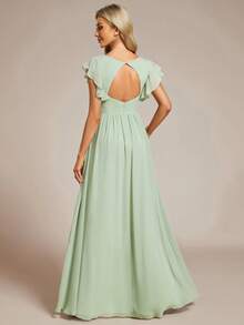 EVERPRETTY Spring Short Sleeve Ruched V-Neck Asymmetric Chiffon Ruffle Hem Sage Green Bridesmaid Dress, Wedding Guest Dress, Suitable For Wedding Receptions And Birthday Parties