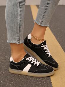 女士舒适防滑圆头系带休闲运动鞋，芭蕾风格运动鞋，百搭日常穿着，户外，春季，黑白 - 白黑色 - 查看 5