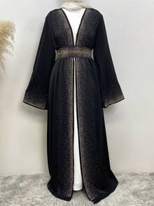 Luxury Diamond Abaya With Belt Dubai Kaftan Robe For Women,Modest - Black - View 5
