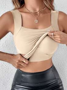 ChicMe 女式背心内置胸垫无缝无袖方领吊带背心高弹力修身休闲基本款分层衬衫