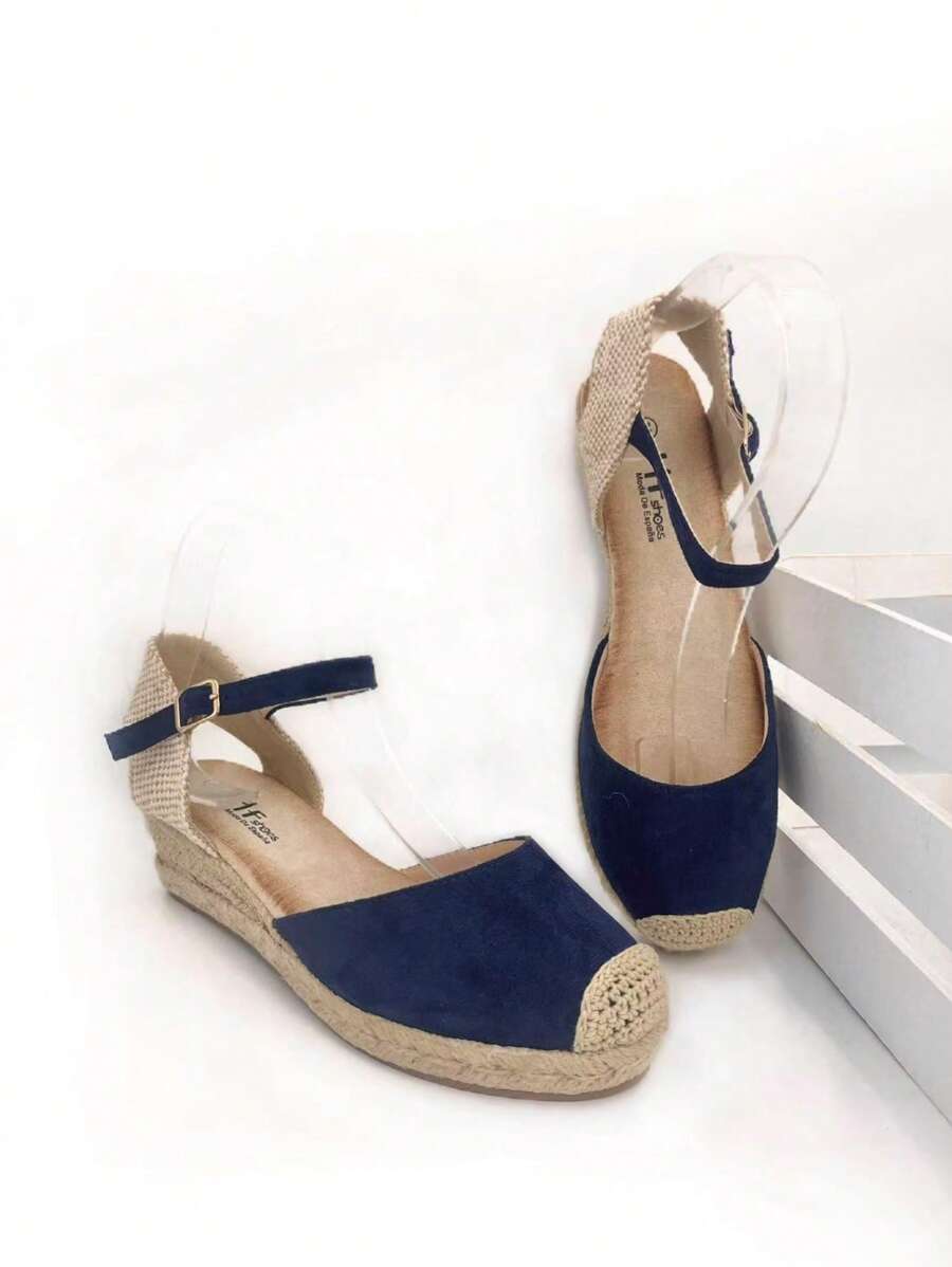 Calzado Estilo. Sandalias mujer de cuña 6,5 cm, estilo valenciana con esparto trenzado, cómodas y ligeras, ideales para primavera y verano, perfectas para combinar con vestidos - Azul Marino - Ver 1
