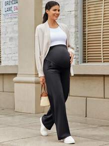 1 件孕妇弹力腰带运动裤，宽松高腰可调节腹部瑜伽裤，带口袋，孕妇休闲阔腿裤