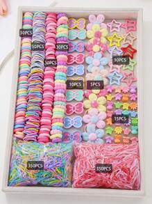 890pcs/Set Kids Pink Heart & Bowknot Elastic Hairbands, Hair Clips, Scrunchies, Princess Hair Accessories, Daily Use & Gift