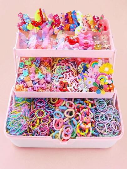890pcs/Pack Kids Pink Heart & Bow Decor Hair Clips, Hairbands, Ponytail Holders, Hair Accessories, Everyday Use And Gift