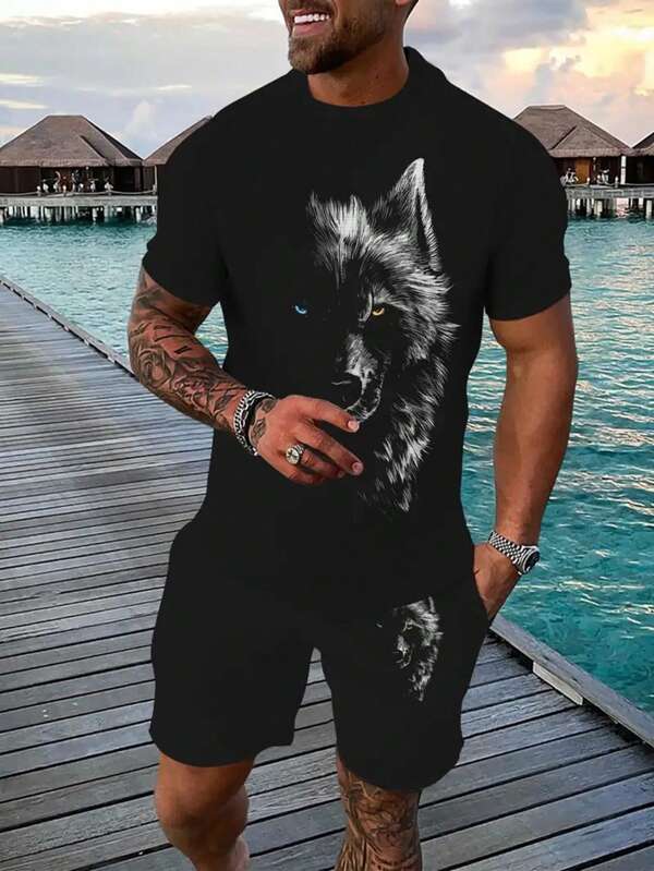 Lässiger Sport Anzug atmungsaktiver Outdoor Lässig Herren T-Shirt und Fünf-Hosen Anzug, Sommer 3D Druckanzug für erwachsene Männer