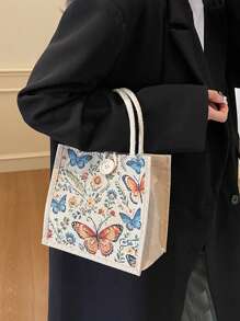 1PC 2025 NEW Butterfly Embroidery Linen Handbag,Khaki Colored Bag, Linen Button Decoration Handbag, Simple Large Capacity Handbag, Portable Casual Storage Handbag, Multi-Functional Shopping Bag, New Design, Large Capacity, Shopping Ideal, Shoulder Bag, Handbag, Lunch Bag, Lunch Box, Messenger Bag, Suitable For Women, Mother's Day Gift, Daily Use, Dating, Birthday, Holiday, Back To School, Summer, Vacation, Beach, Travel