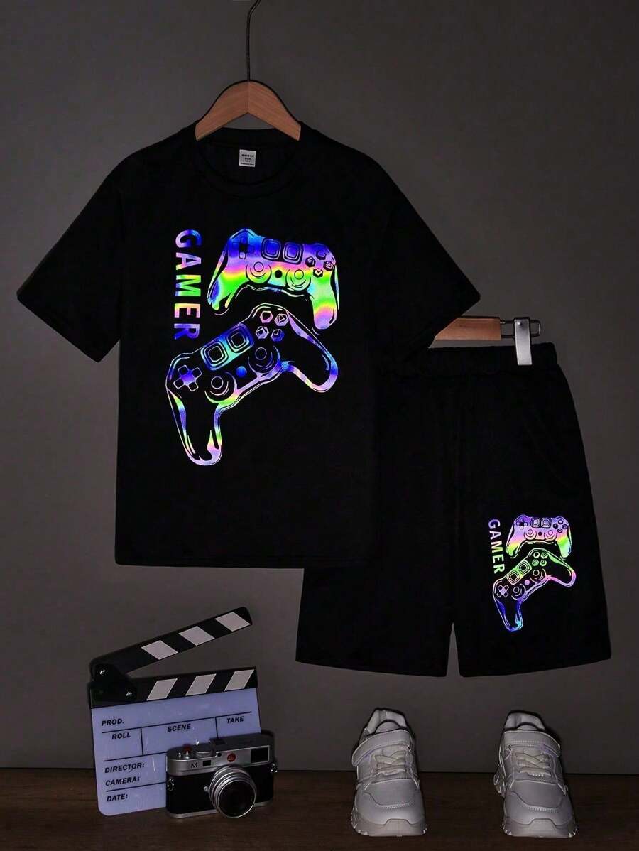 Conjunto Camiseta e Short  de Malhas de Verão Casual para Menino Jovem, com Estampa de Video Game Colorido, Gola Redonda, Camiseta com Manga Curta e Shorts