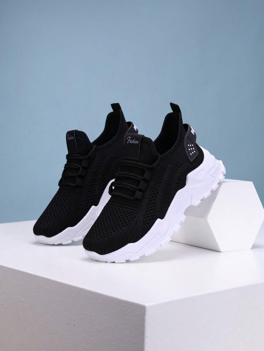 1 Pair Unisex Breathable Mesh Lace-Up Design Sneakers Suitable For Outdoor Sports, Teens, Summer - Black - View 1