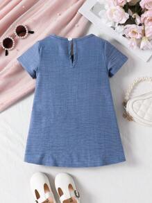 Baby Girls Casual Simple Sweet Cute Denim Effect Crew Neck Short Sleeve Bowknot Hem A-Line Dress, Summer - Blue - View 3