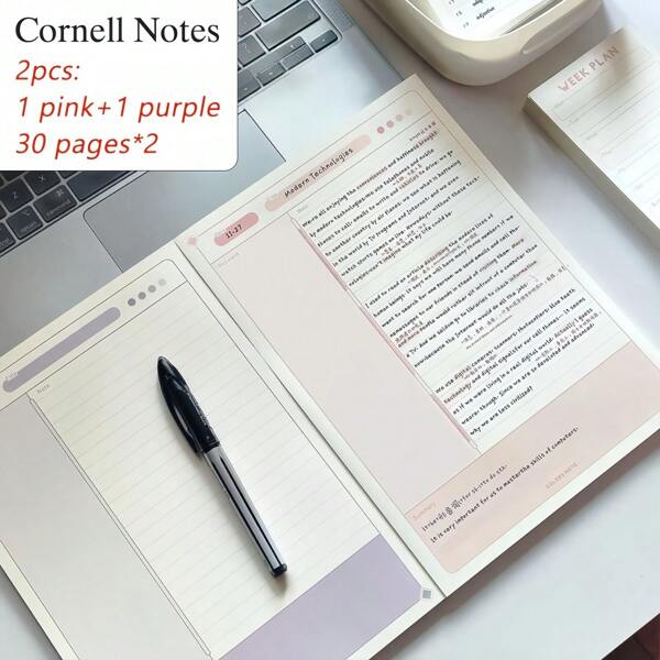 2pcs Cornell Notebook - B5 Size Cornell Notes To Improve Study Efficiency And Better Record Daily Feelings And Thoughts. The Paper Is Easy To Tear, Suitable For School And Daily Life.,School Supplies,Back To School
