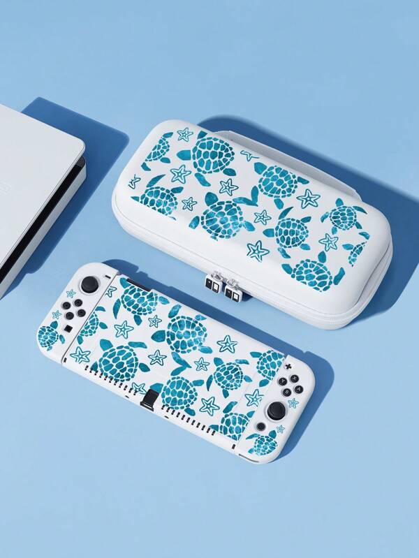 Nouveaux accessoires pour console de jeu Switch2 (2025) : 1 pièce de câble de chargeur et de données organisateur de boîtier/étui de protection avec motif de tortue océanique compatible avec Switch OLED/Switch NS version à batterie étendue, support intégré, peut contenir 10 cartes de jeu, portable pour les voyages, porte-cartes de jeu antichoc et durable et sac pour manette