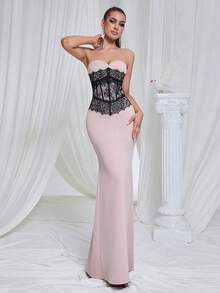 Elegant Simple Contrast Lace Maxi Dress, For Valentine's Day - Pink - View 8