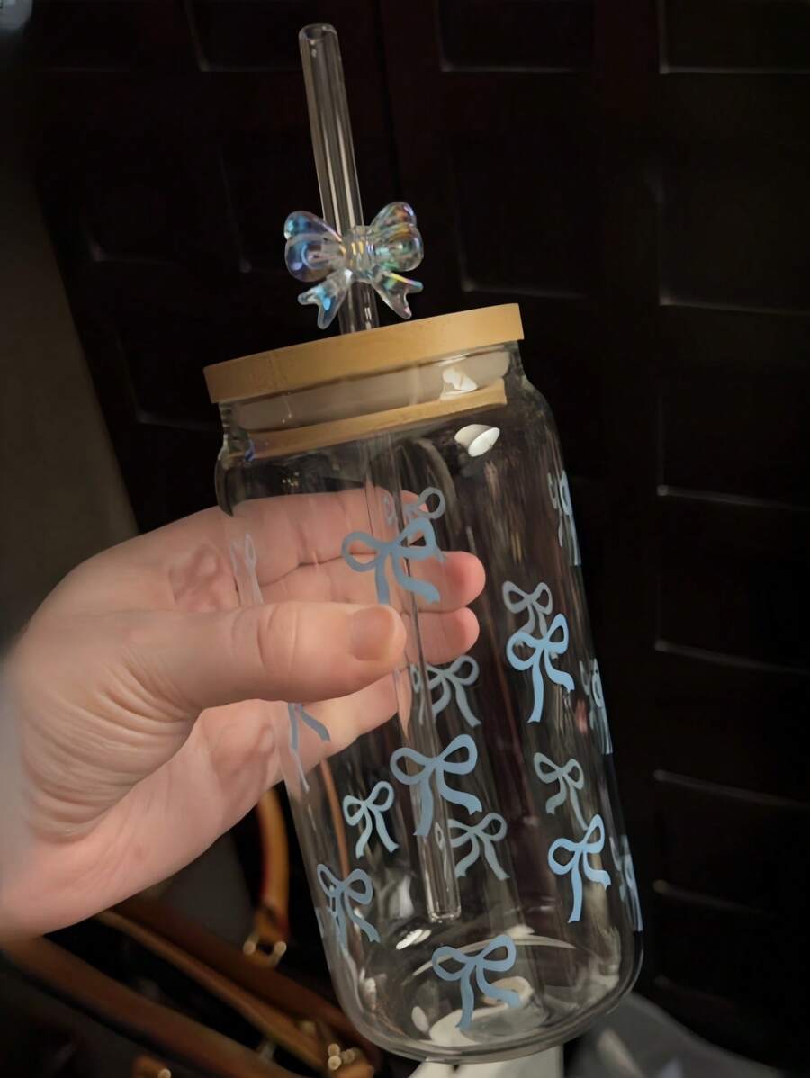 450ml/15.22oz 带盖和吸管的硼硅酸盐玻璃杯，罐形设计，适用于咖啡、茶、果汁、牛奶、生日礼物、饮具 - 彩色 - 查看 1