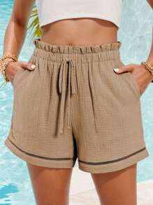 hoteel Pantalones cortos casuales con bolsillos y cintura elástica con volantes y encaje calado para mujer