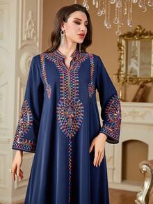 Women's Vintage Style Sequins Embroidery V-Neck Long Sleeve Arabian Dress, Spring/Summer, Modest Kaftan - Navy Blue - View 4