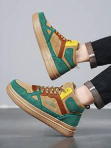 Męskie codzienne, kontrastowe, patchworkowe, nadrukowane litery z przodu, sznurowane, wysokie, płaskie trampki, modne, lekkie, sportowe buty na platformie zwiększające wysokość