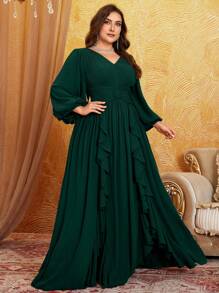 Plus Size V-Neck Chiffon Lantern Sleeve Ruched Waist Patchwork Ruffle Hem Elegant Dress,Modest - Dark Green - View 5