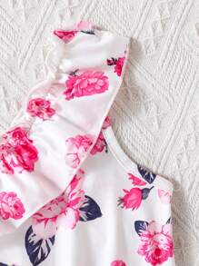 2 pezzi/Set Tuta casual e comoda da ragazza con stampa a quadri e floreale, stile estivo per vacanze