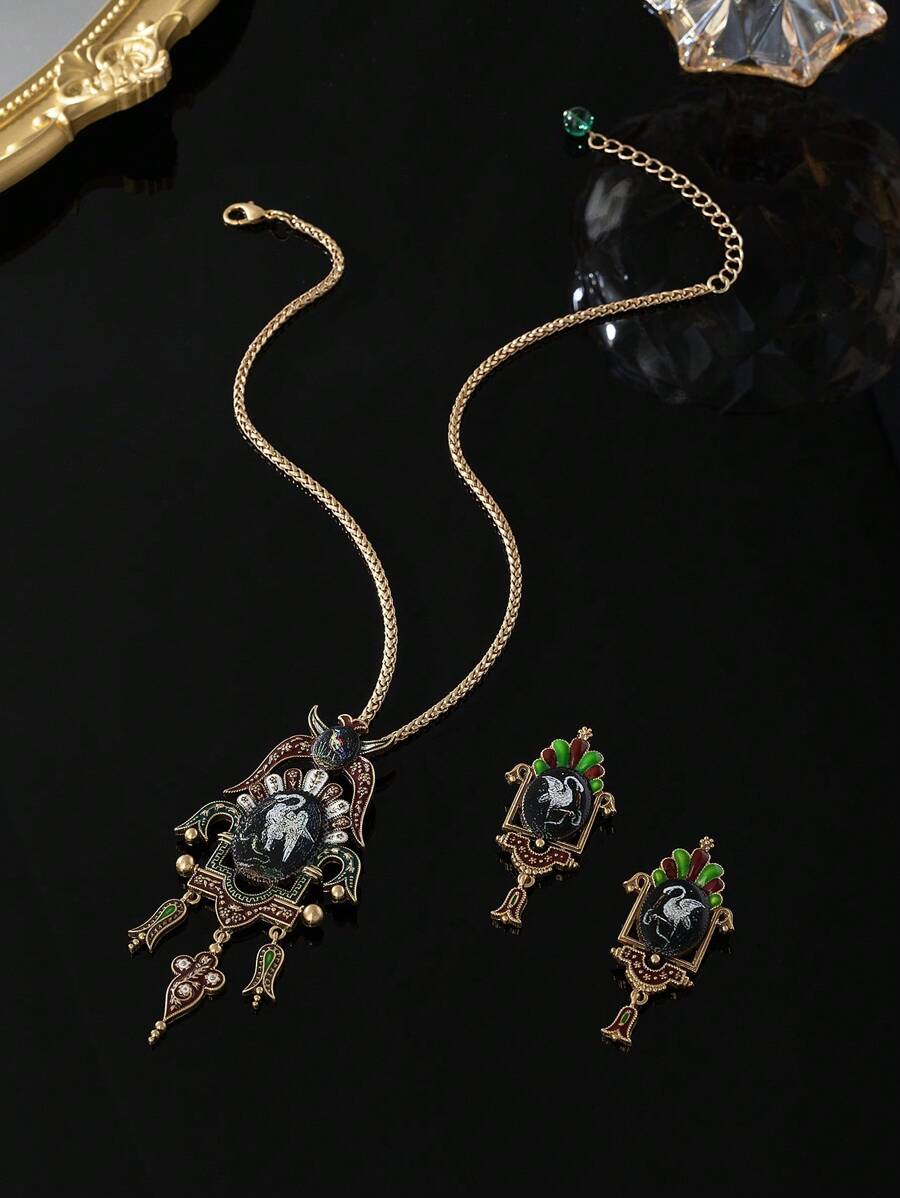 1 条城堡项链和 1 对城堡耳环，印在古董镀金铜合金上，适合日常佩戴，送给朋友、节日、派对和特殊场合的礼物，复古欧式风格