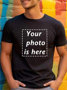 [Customized] Men's Black & White T-Shirt Customization Service, Support Front Side Customization Of Exclusive Slogan/Creative Pattern/Anime Character/Couple/Pet Photo/Selfie/Celebrity, Fashionable & Versatile Summer Clothing