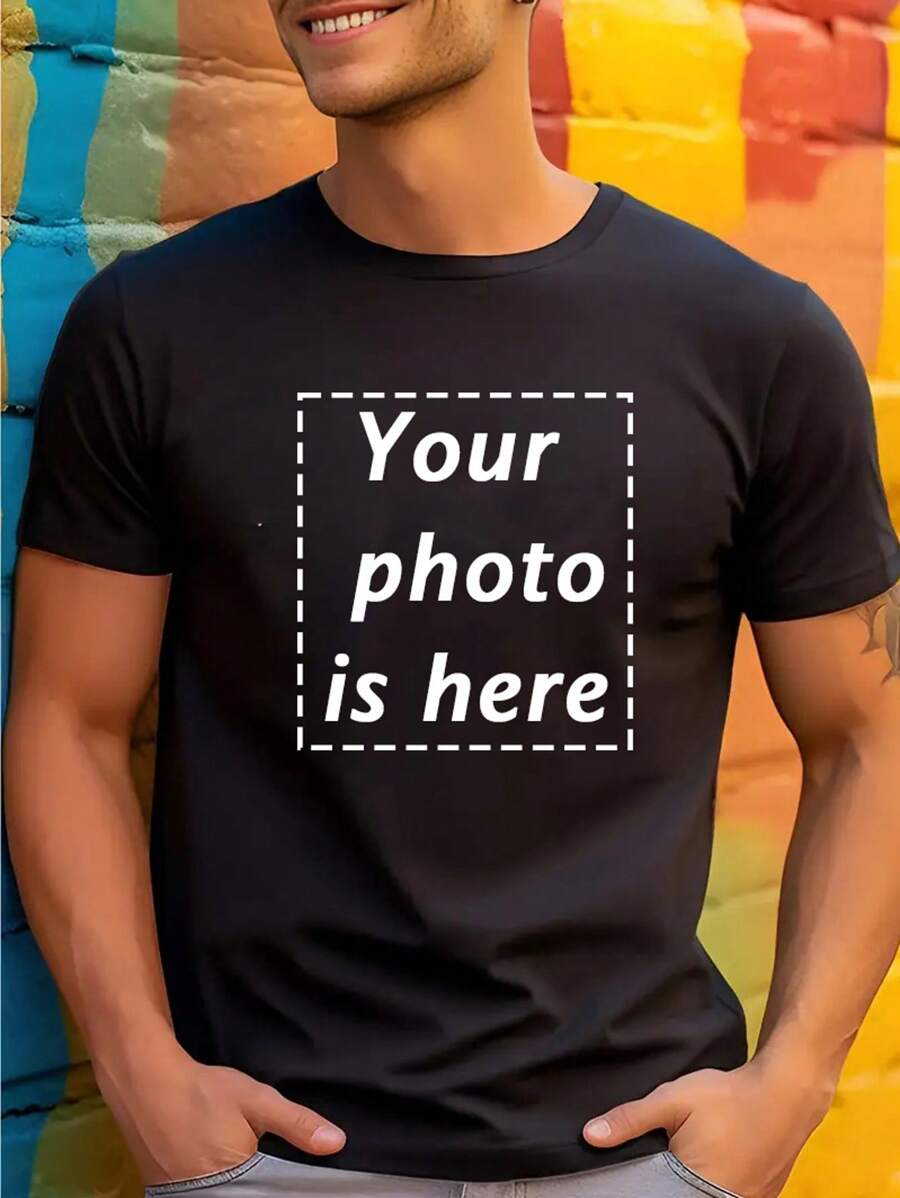 [Customized] Men's Black & White T-Shirt Customization Service, Support Front Side Customization Of Exclusive Slogan/Creative Pattern/Anime Character/Couple/Pet Photo/Selfie/Celebrity, Fashionable & Versatile Summer Clothing