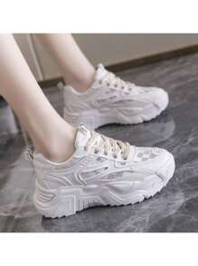 Zapatillas con cordones de fondo grueso para mujer, zapatos casuales de colores sólidos, suela blanda de goma - Beis - Ver 3