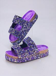 2025 Nuevas Pantuflas de Suela Gruesa con Patrón Retro, Sandalias Casuales de Estilo Vintage para Uso en Casa y Exterior para Mujeres, Zapatos de Verano - Morado - Ver 3
