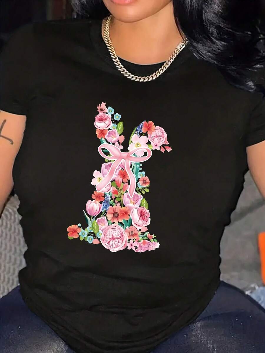 大码休闲百搭纯色短袖 T 恤 - 黑色 - 查看 1