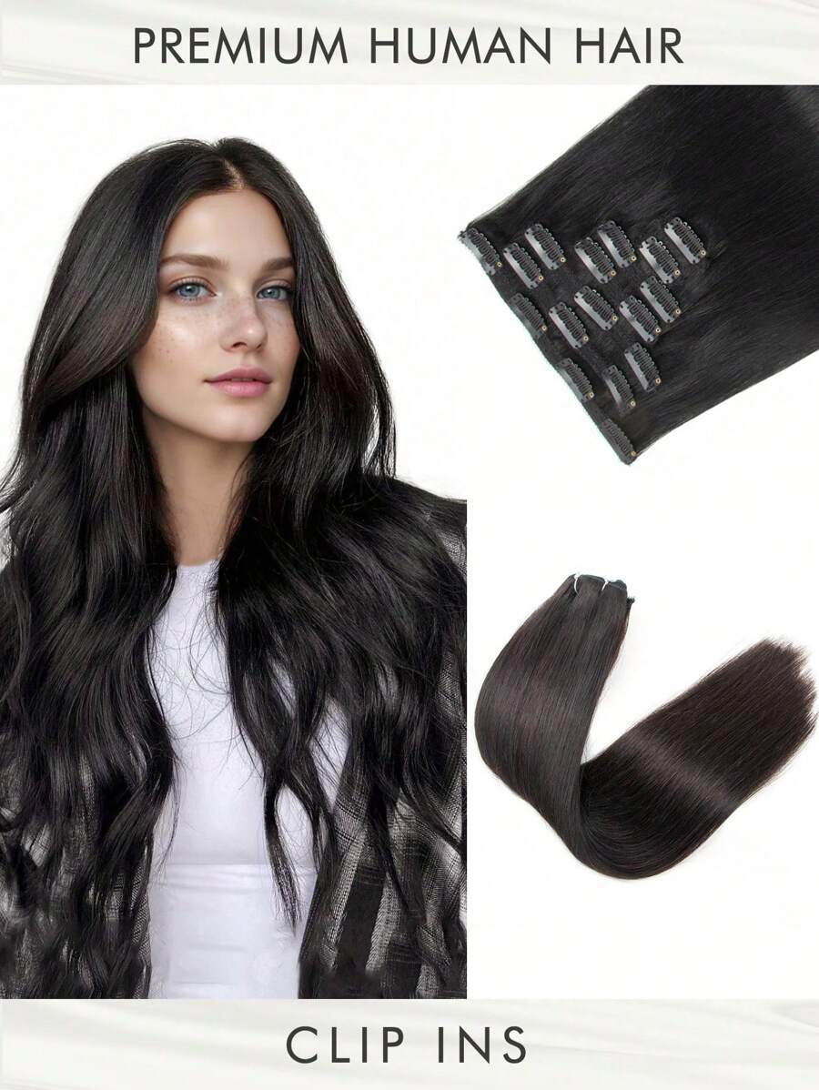 7 Piezas de extensiones de cabello natural de color negro liso con clip de cabello humano Remy - S1 - Ver 1