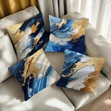 4 stuks blauw, wit en gouden abstracte schilderij illustratie patroon decoratieve kussensloop set, zachte perzikhuid pluche stof, enkelzijdige print 45*45cm, geschikt voor woonkamer, slaapkamer, bank, cadeau
