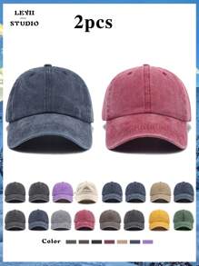 2 件装复古风格纯色干净休闲棒球帽,男女通用情侣帽,节日礼物可调节软顶防晒运动帽适合户外海滩度假和日常生活穿着 - 多色 - 查看 2
