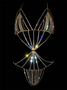 1pc Women's Bling Rhinestone Body Chain, Bohemian Sexy Bikini Party Accessory - Gold - View 3