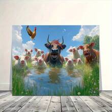 Whimsical Farm Animal Canvas Wall Art, Laughing Cow And Pig In Muddy Field Scene-Wooden Frame Canvas Painting 1 Picture (3) Thickness 2.25cm/0.9 Inches, Home Gift Decoration, Room Decoration Aesthetics, Wall Decoration Art, Perfect Gift, Autumn And Winter Wall Decoration, Living Room Decoration, Bedroom Decoration, Kitchen Decoration, Entrance Decoration, Bathroom Decoration, Direct Wall Painting, High Quality Wall Painting Poster