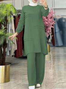 Traje árabe modesto de unicolor para mujer, con manga larga y pantalón largo