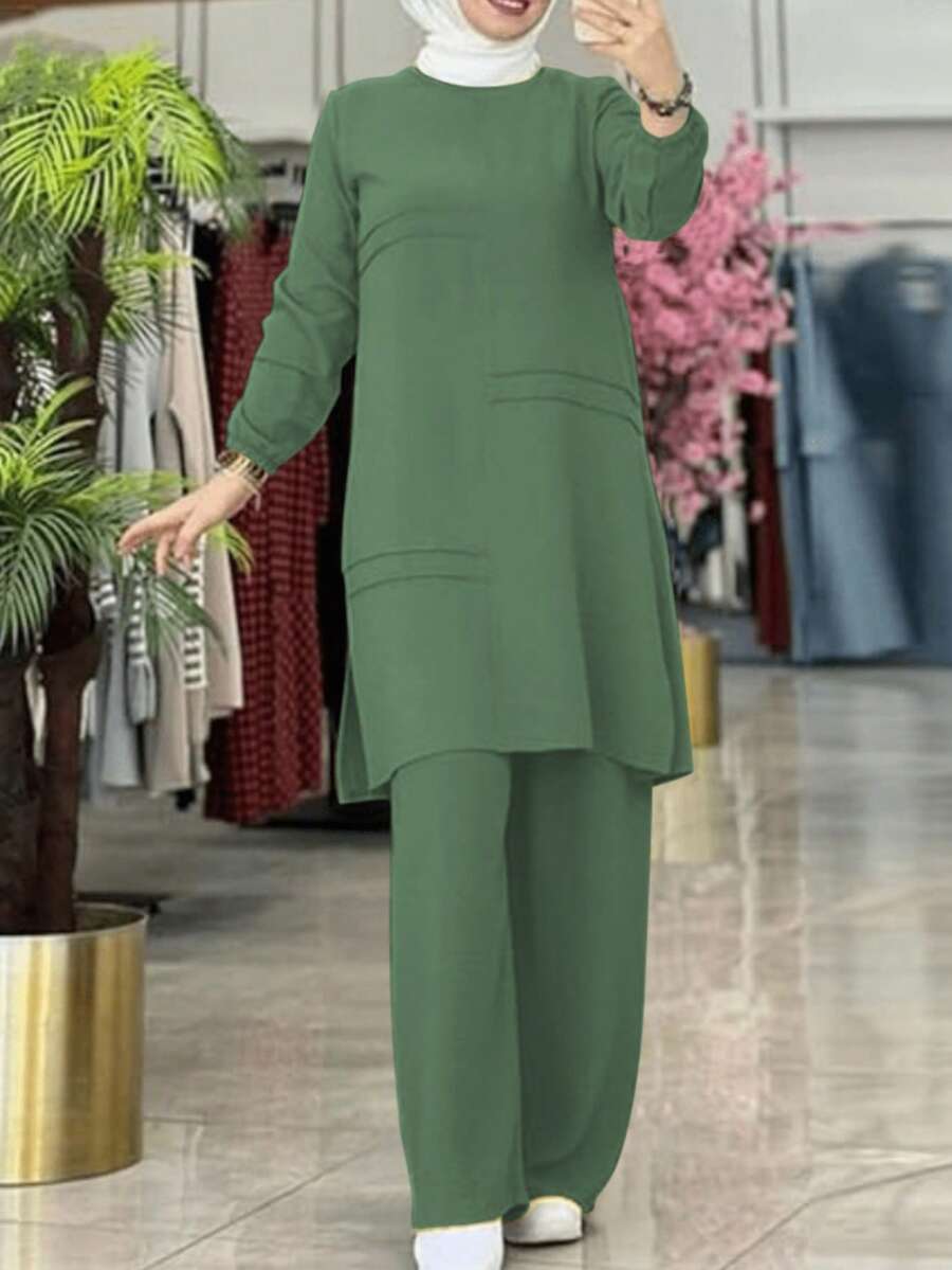 Traje árabe modesto de unicolor para mujer, con manga larga y pantalón largo