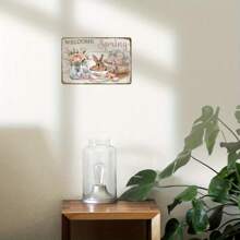 2D Rustic Farmhouse Metal Tin Sign, 8x12 Inch - Vintage Easter Bunny & Rose Tea Design, Iron Wall Decor For Kitchen & Home, Ideal For Spring Season Festive Decor