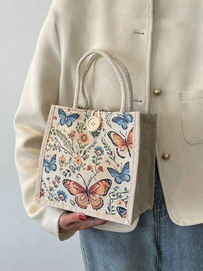 1pc 2025 New Linen Tote Bag With Butterfly Embroidery, Khaki Color, Linen Button Decor, Minimalist Large Capacity Handbag, Portable Casual Storage Bag, Multifunctional Shopping Bag, New Design, Large Capacity, Ideal For Shopping, Shoulder Bag, Handbag, Lunch Bag, Messenger Bag, Suitable For Women, Mother's Day Gift, Daily Use, Date, Birthday, Holiday, Back To School, Summer, Vacation, Beach, Travel
