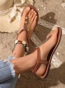 Teen Girls Fashionable Flat Thong Sandals, Rhinestone & Breathable, Suitable For Vacation, Beach, Comfortable - Brown - View 3