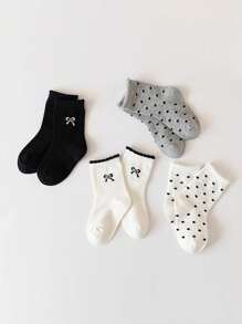 4 pares de calcetines cortos con volantes y lazos de lunares para niñas, estilo primavera